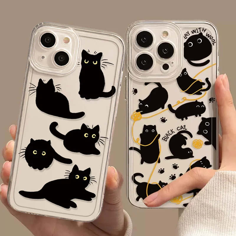 Custodia Per Telefono Trasparente Per Iphone 13 15 Cover Per 12 11 14 Pro Max 13 12Mini X Xs Xr Se 14 Plus Cartoon Black Cat Shell Fundas