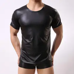 Dropshipping!!Club Wear Costume Faux Leather Smooth Slim Round Neck Men Undershirt for Stage Show