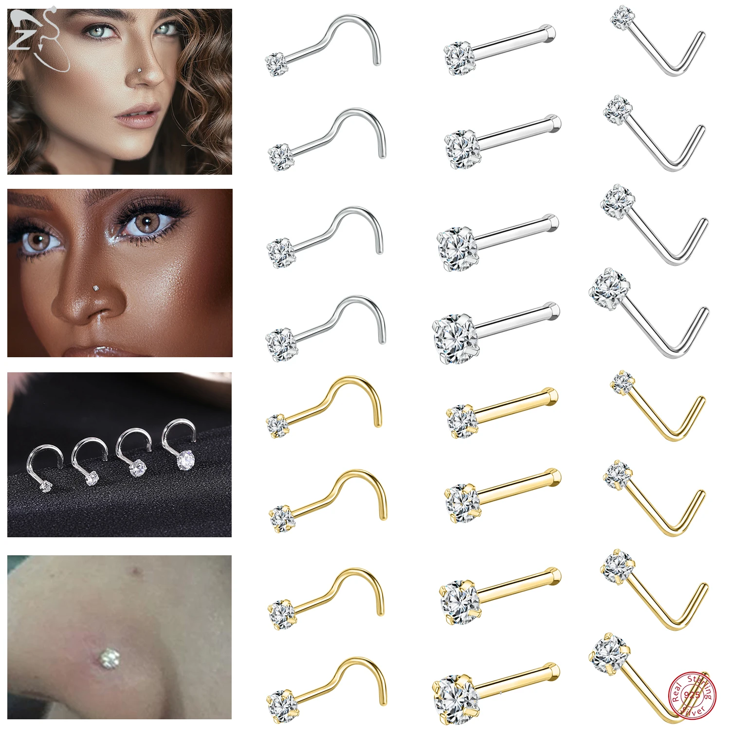 ZS1PC1820GColorfulCZCrystalNoseStud925SilverNosePiercing