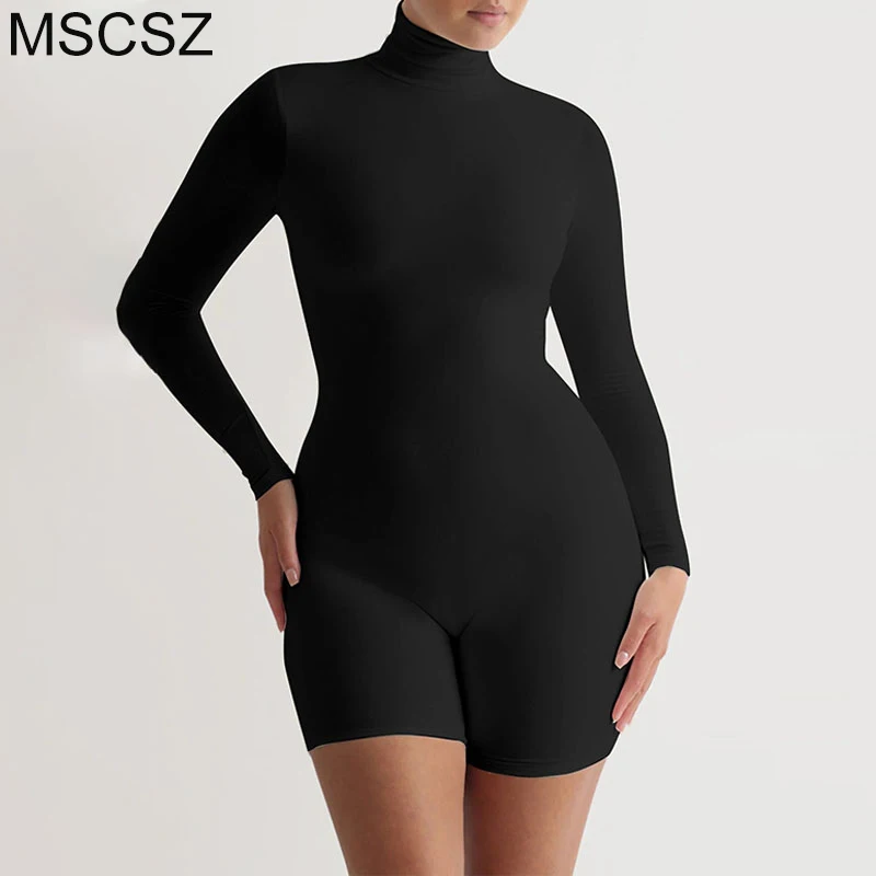 

Black Long Sleeve Bodysuit Women Turtleneck Tight Playsuit Fashion Solid Bodycon Short Jumpsuit 2024