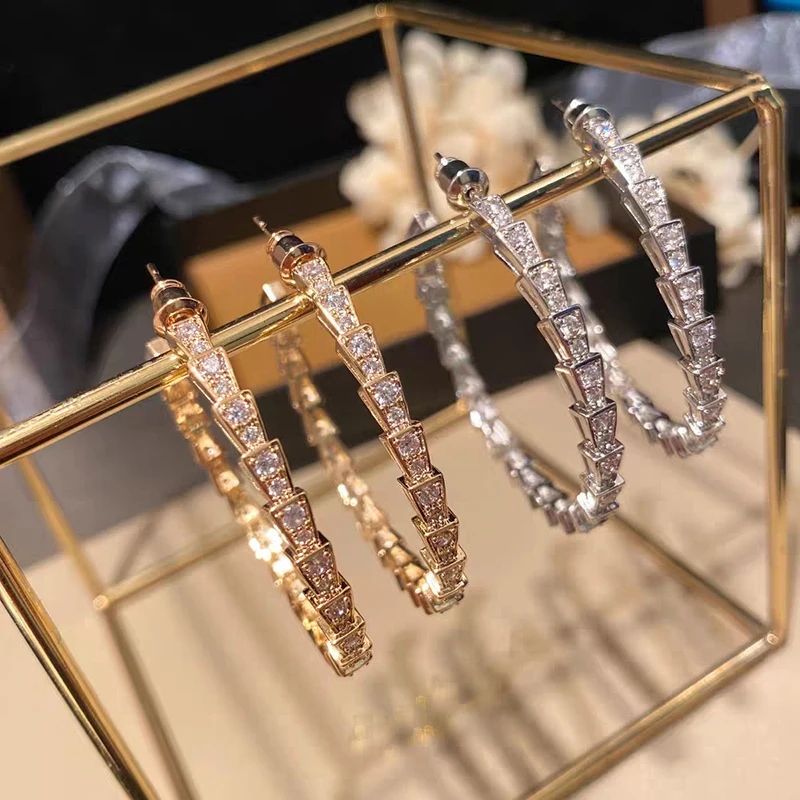 

High Quality Classic Snake Bone Full of Diamonds C-Shaped Large Hoop Earrings for Women Fashion Luxury Brand Jewelry Fine Gifts
