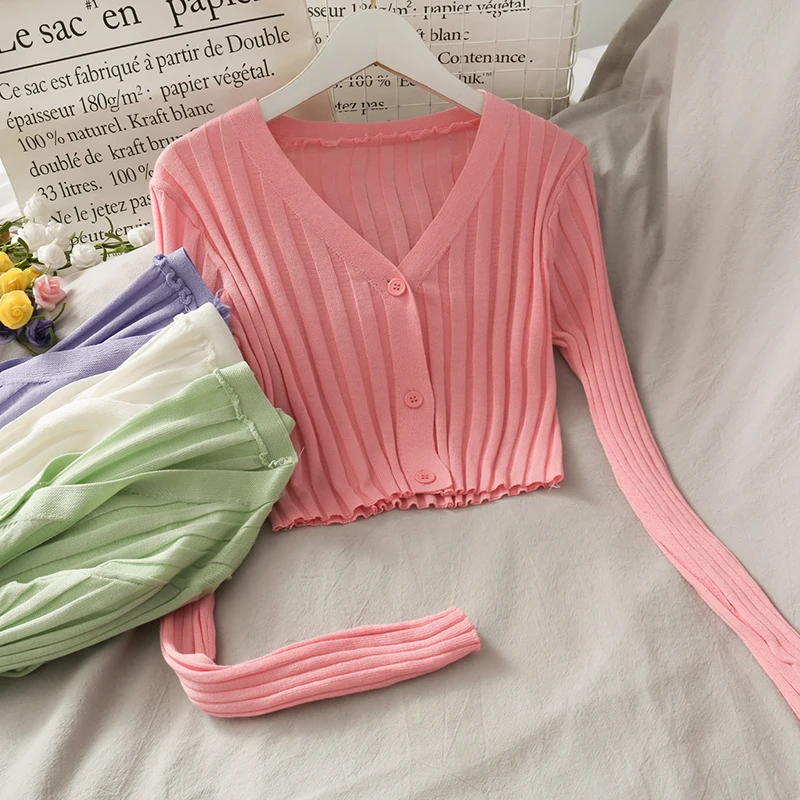 FIGOHR Women's Acrylic Long Sleeve V-Neck Button-Down Slim Cropped Ribbed Knit Cardigan Thin Solid Stretch Top Knitwear