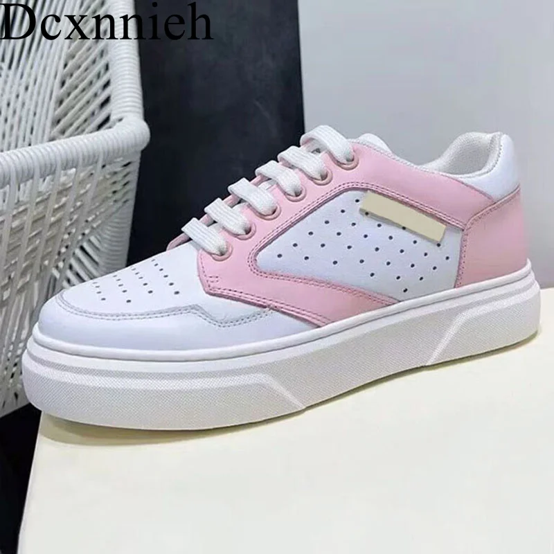

Summer New Sneakers Women Running Shoes Round Toe Lace up Mix Color Flat Shoes Genuine Leather Bread Comfort Breath Casual Shoes