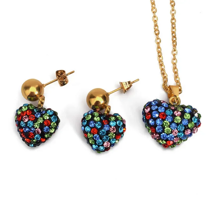 

CC001-S Colorful Crystal Stone Necklace Pendant Earrings Jewlery Sets For Women Gift Fahion Love Heart