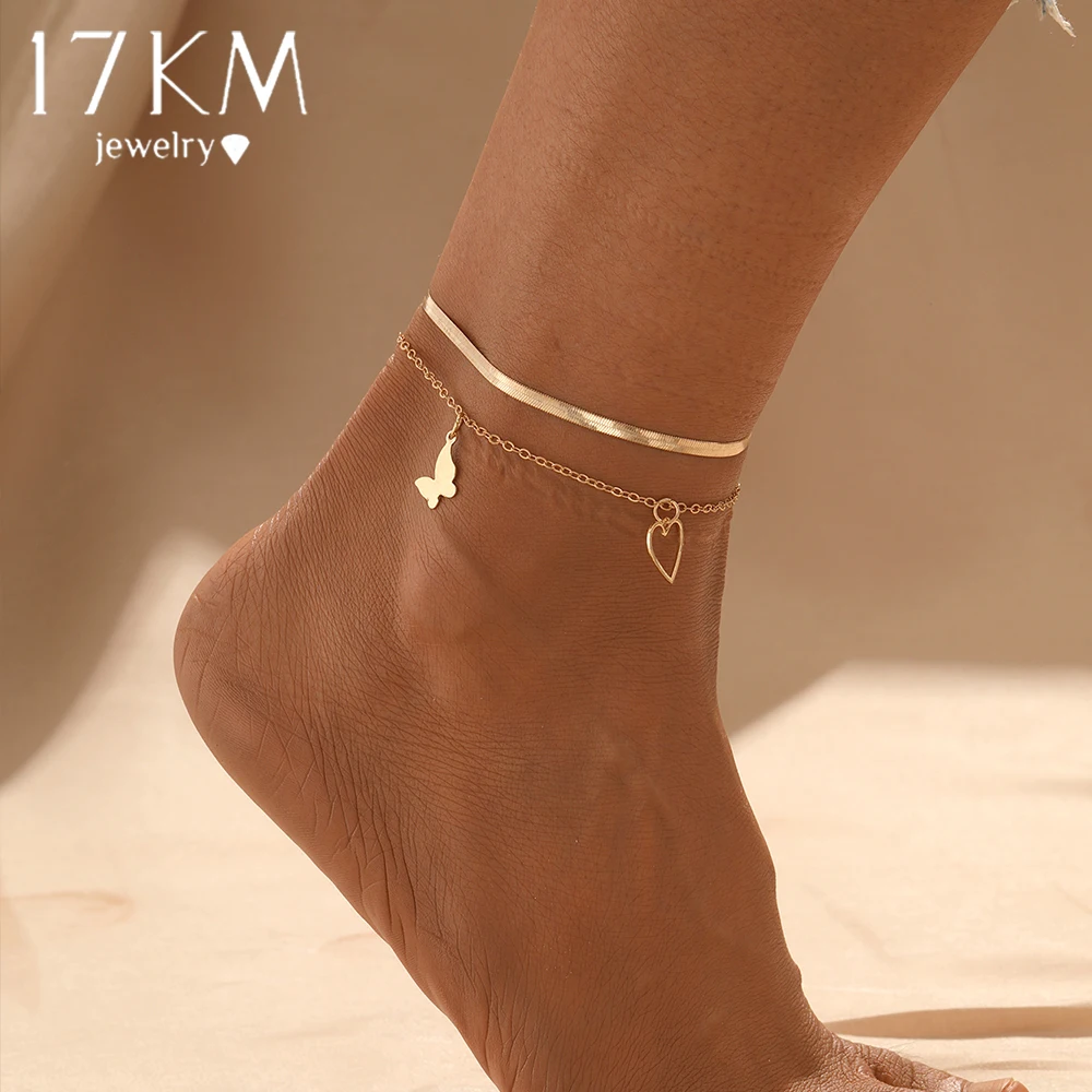 17KM Vintage Gold Color Butterfly Heart Anklet for Women Girls Simple Foot Bracelets Jewelry New Fashion Accessories Gifts