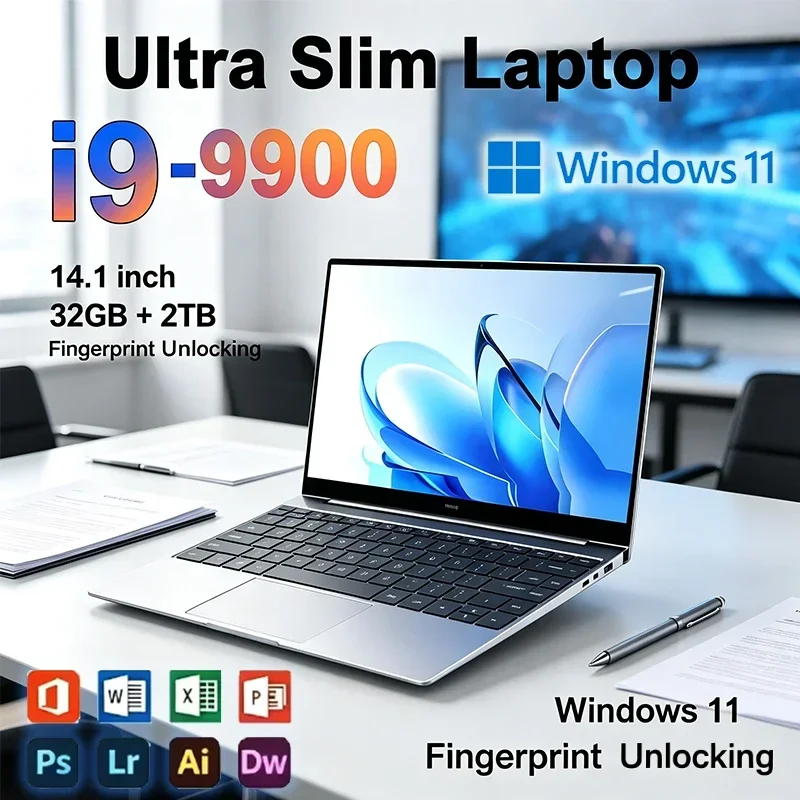 لابتوب جديد فائق النحافة لعام 2026 بشاشة 14.1 بوصة، معالج إنتل كور i9-9900، ذاكرة وصول عشوائي 32 جيجابايت، قرص صلب SSD سعة 2 تيرابايت، مناسب للألعاب والمكاتب والدراسة، نظام تشغيل ويندوز 11 برو، دقة شاشة FHD 1920*1080.