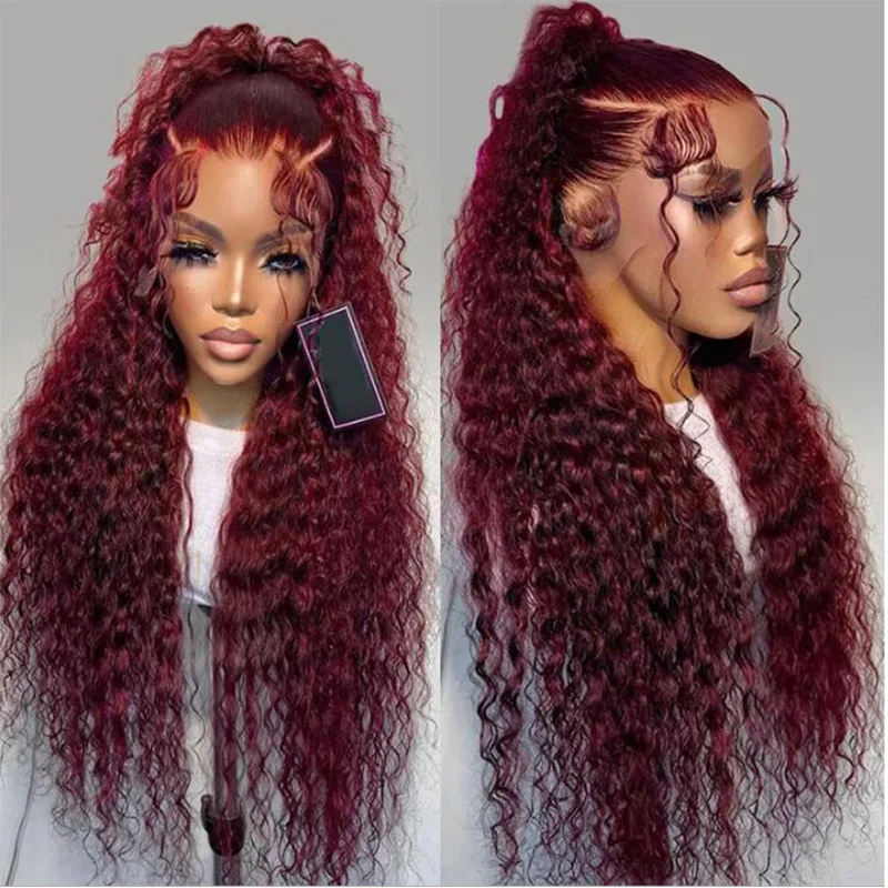 

Glueless Soft Wine 180%Density 99j Deep Kinky Curly 26“Long Burgundy Lace Front Wigs For Black Women Babyhair PrePlucked Daily