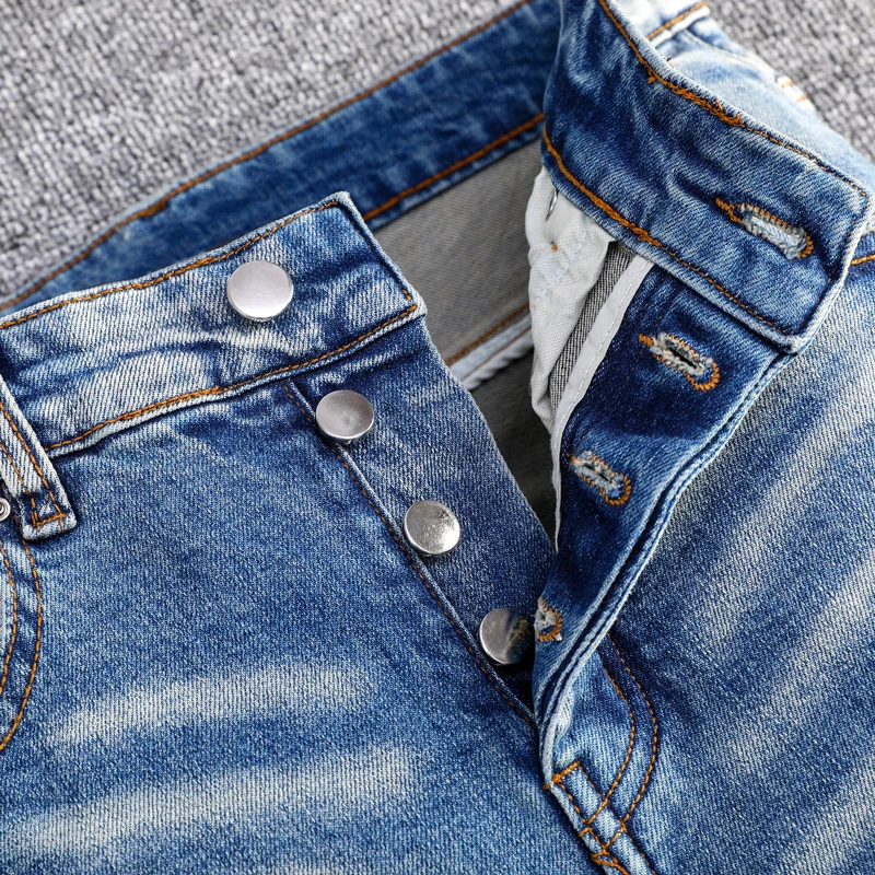 High Street Fashion Men Jeans Retro Washed Blue Stretch Skinny Fit Ripped Jeans Men Patched Designer Hip Hop Brand Pants Hombre