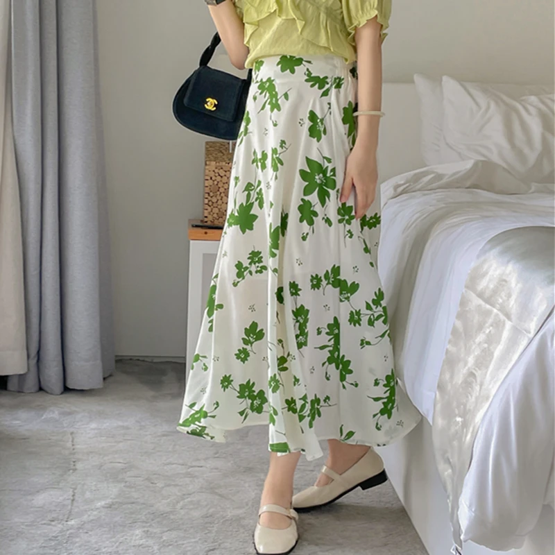 

2023 Spring Summer Vintage Floral Skirts For Women High Waist Chiffon High Waist Elegant A-line Skirt Female 3355
