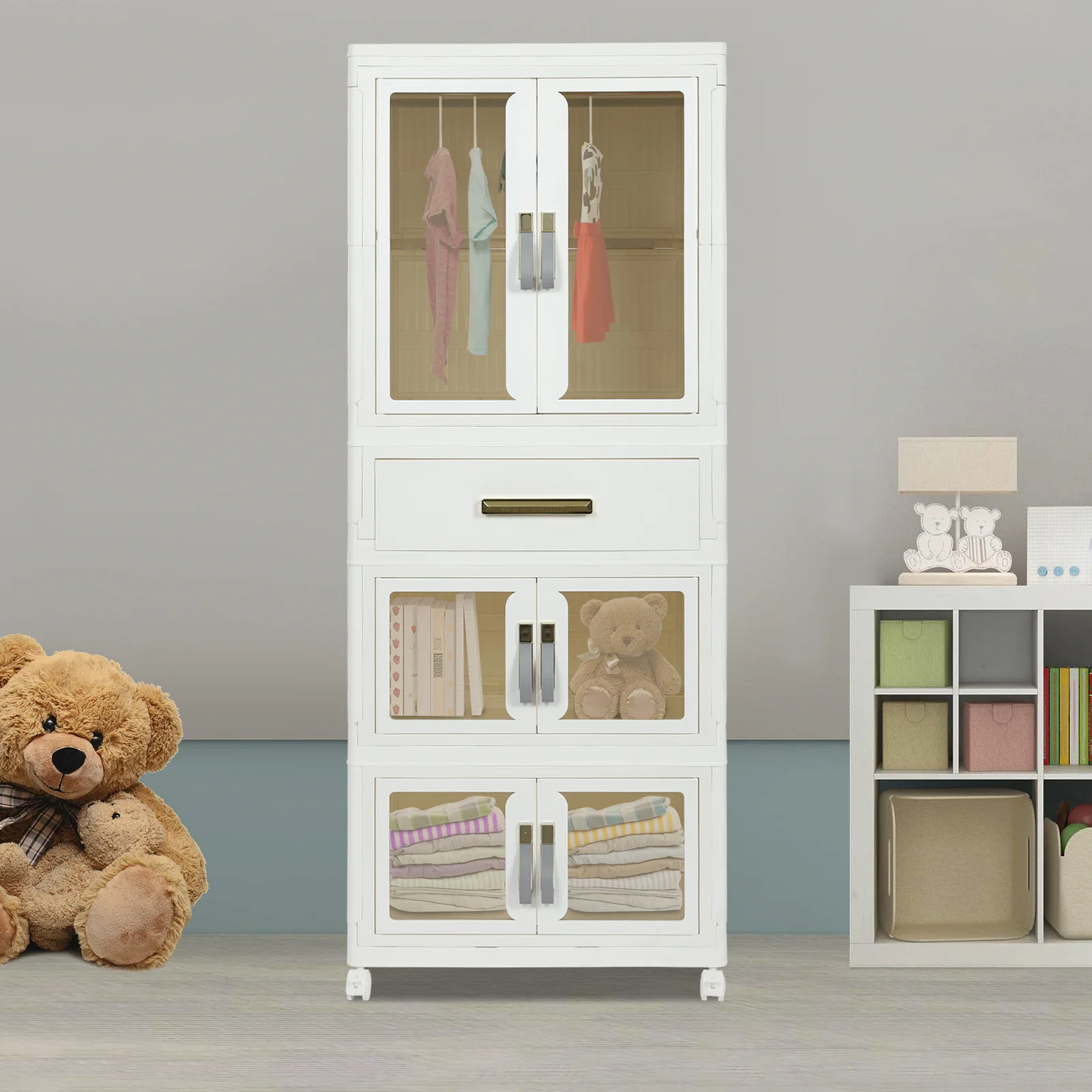 Kids Clothes Cabinet Free Standing Storage Organizer with Doors White Rolling Cabinet Clothes Organizer with 4 Pulleys