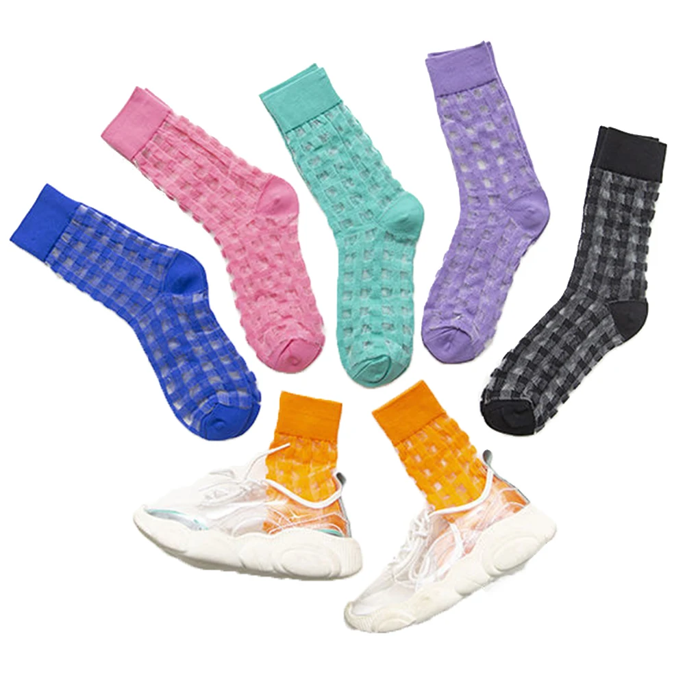 5Pairs Solid Color Transparent Crystal Silk Socks Women Spring Summer Ultra-Thin Breathable Fashionable Trend Glass Silk Socks
