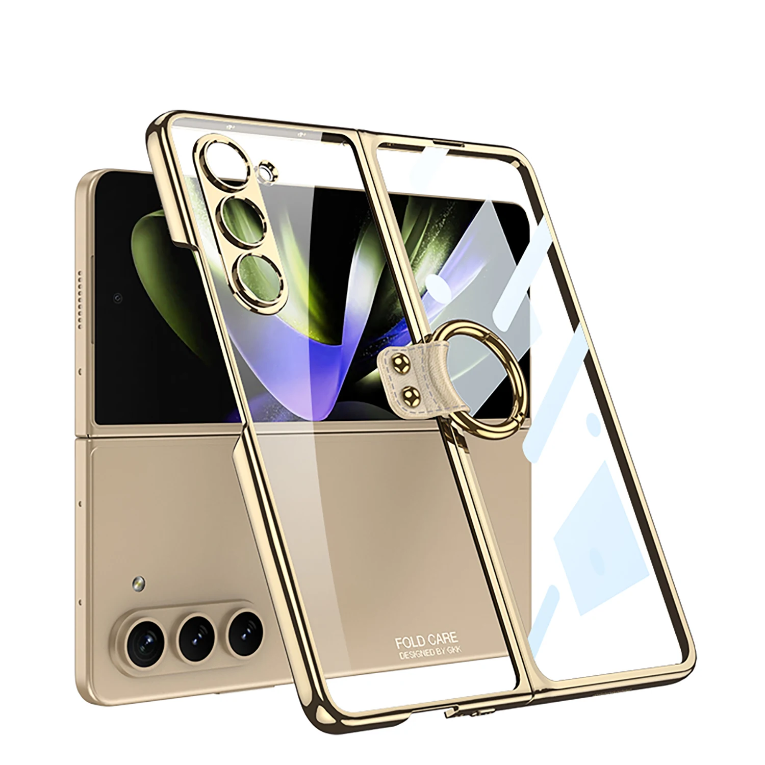 

For Samsung Galaxy Z Fold 5 Case Ultra Thin Electroplated Transparent Ring Bracket With Tempered Film Shockproof Hard Back Cover