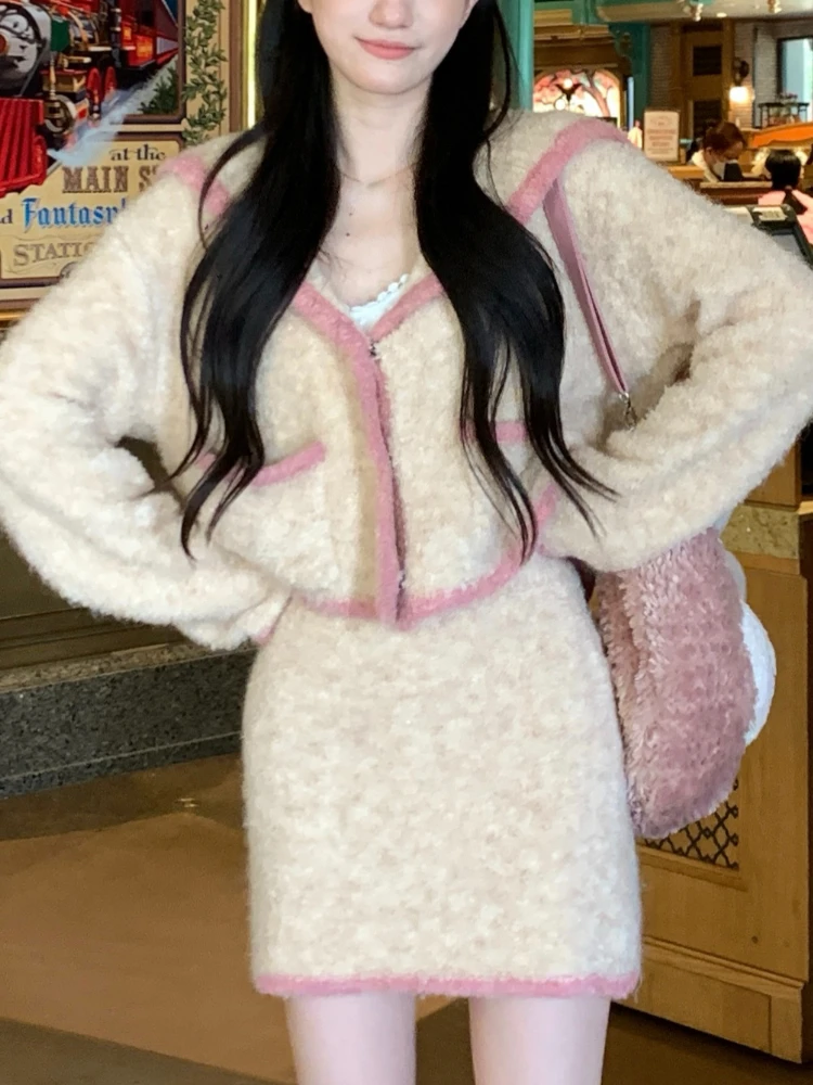 

French Vintage Two Piece Set Women Warm Sweet Party Knitted Skirt Suit Female Korean Elegant Cardigan＋Causal Mini Skirt 2023 New