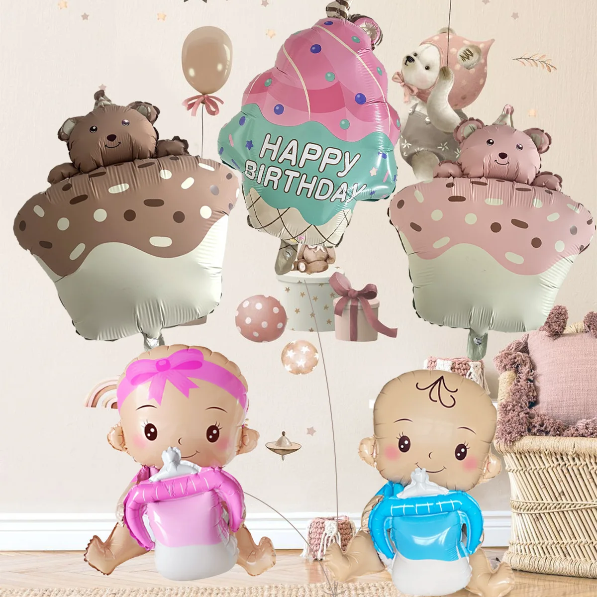 Kids Birthday Party Foil Balloons foil birthday balloons Baby Boy Girl 4D Bear Helium Ballon First 1st Birthday Party Baby Shower Decorations