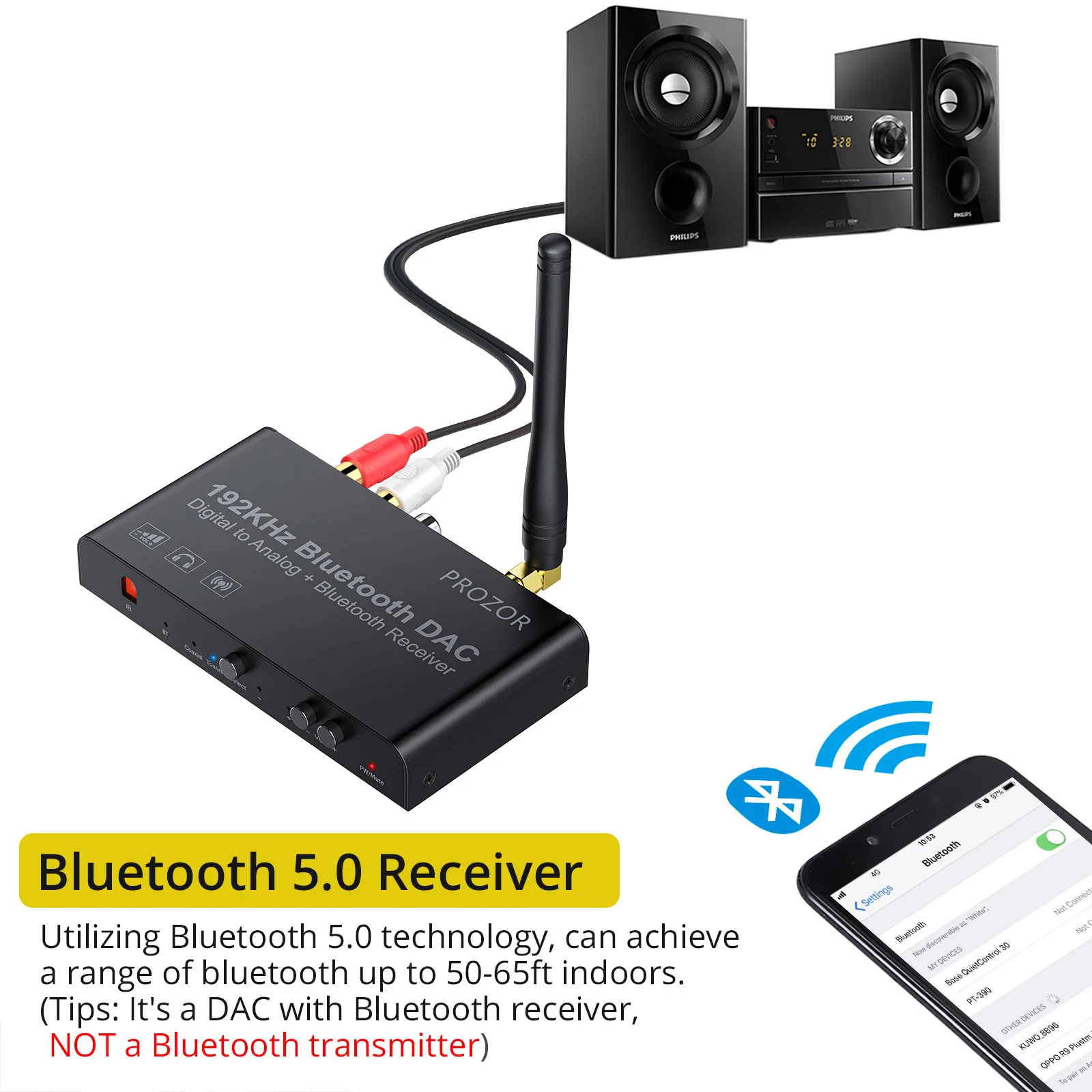 Audio Converter PROZOR 192kHz Digital to Analog Converter Remote Bluetooth-Compatible DAC Digital Coaxial Toslink to Analog Stereo L/R RCA