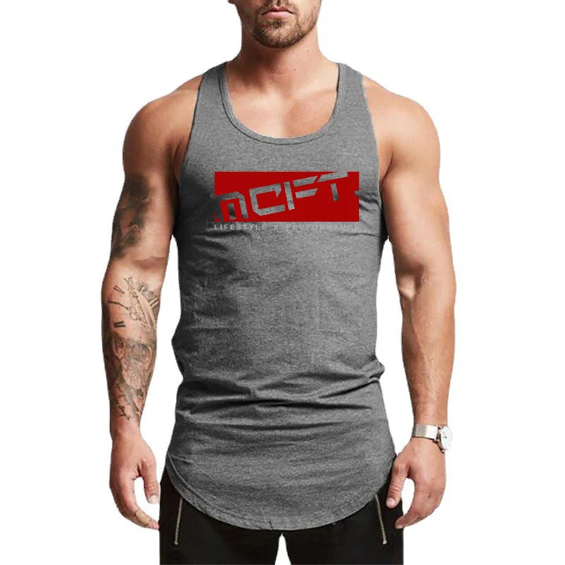 

New Hot Sale Mens Bodybuilding Cotton Gym Sports Fitness Slim Fit Summer Casual Fashion O-neck Printed Workout Cool Vest