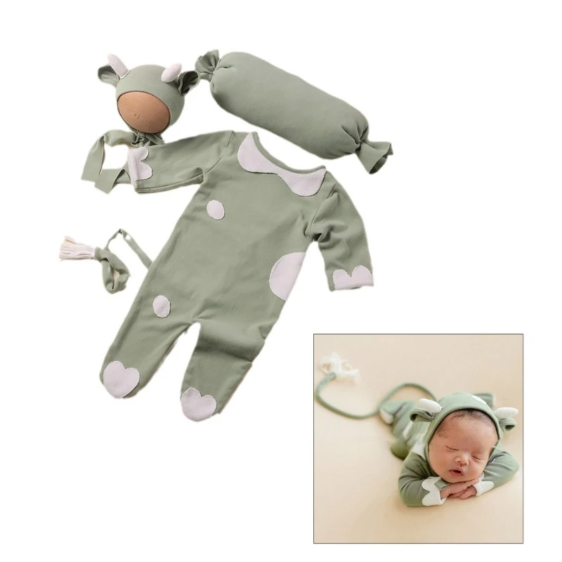 

Newborn Baby Cow Theme Romper Outfit for Photoshoot Handmade Costume for Boys Girls Photography Prop 3-piece/set