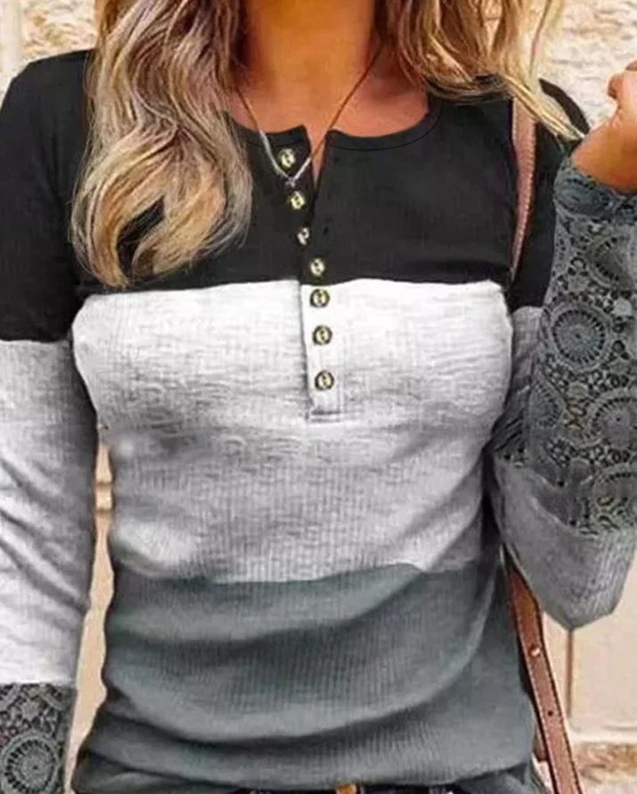 Women's Fashion Top 2024 Spring Summer Latest Colorblock Contrast Lace Long Sleeves Blouses Round Neck Button Everyday T-Shirt