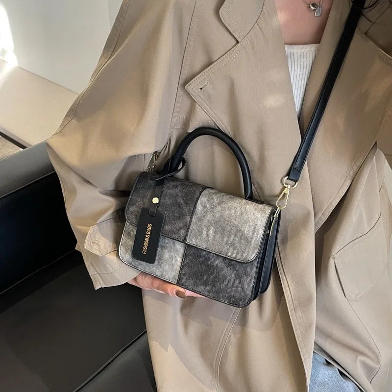 Women Handbag Crossbody Bag PU Leather Color Blocking Design Denim Surface Fashion Ladies Top-Handle Commuter Tote Girl Purses