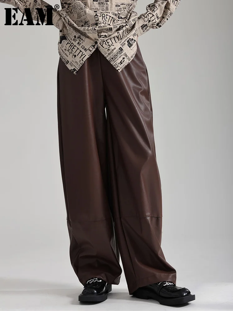 

[EAM] High Elastic Waist Black PU Leather Wide Leg Pants New Loose Fit Trousers Women Fashion Tide Spring Autumn 2024 1DH1617