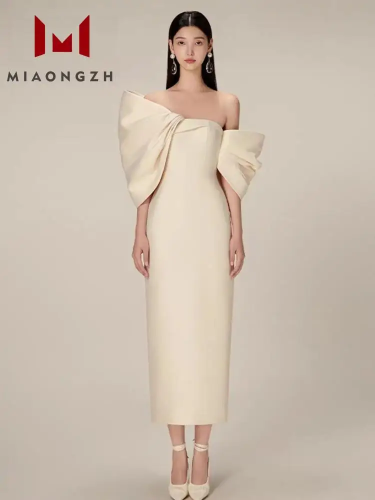 

New 2024 Luxury Designers Elegant Evening Dress For Women Diagonal Collar Patchwork Bow Backless Fashion Slimming Party Dresses