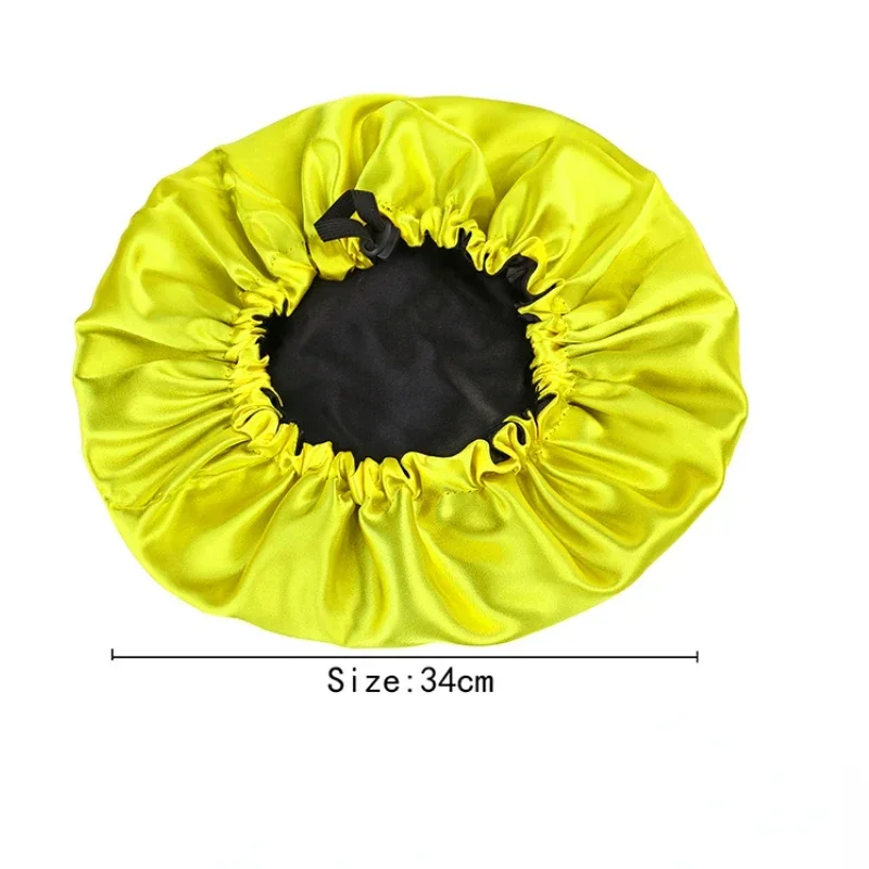 Satin Bonnet Adjustable Double Layer Satin Bonnet Nightcap Doubleside Women Round Shower Caps Night Sleep Polyester Hat Solid Black Lining