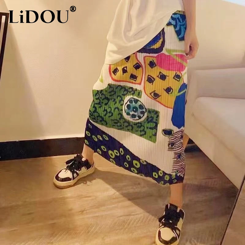 2023 Spring Autumn New Fashion Printing High Waist Pleated Skirt High Street Cute Lively Korean Style All-match Female Clothing y2k fur straight jean zipper cargo pant autumn denim trouser female casual street cloth 2023 winter women fashion new jeans