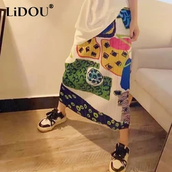 2023 Spring Autumn New Fashion Printing High Waist Pleated Skirt High Street Cute Lively Korean Style All-match Female Clothing