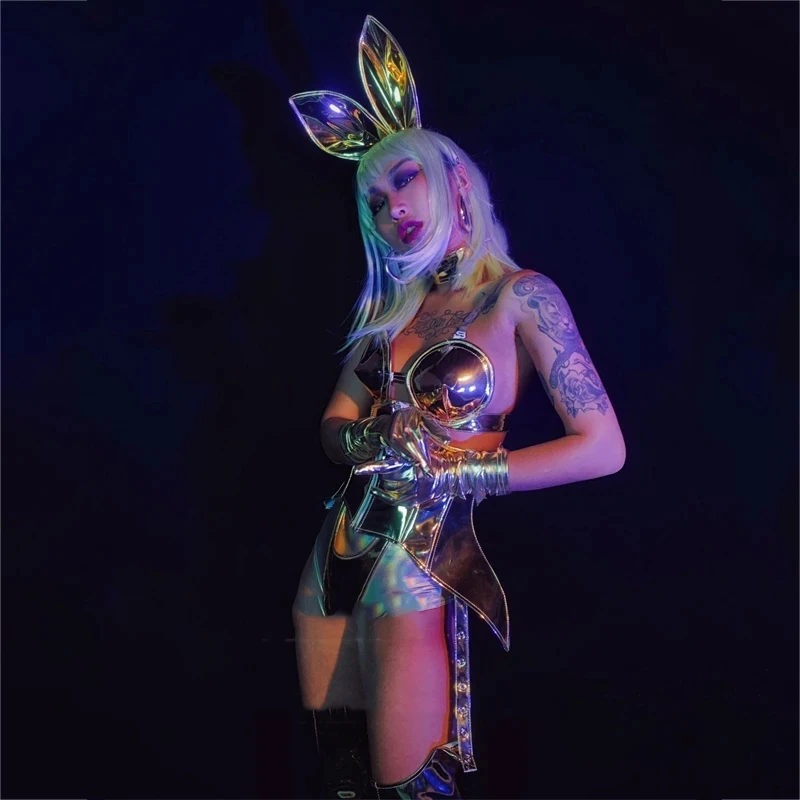 

Club Stage Wear Silver gold Women Nightclub Party Show Rave Outfits Pole Dance Cloth singer party outfit