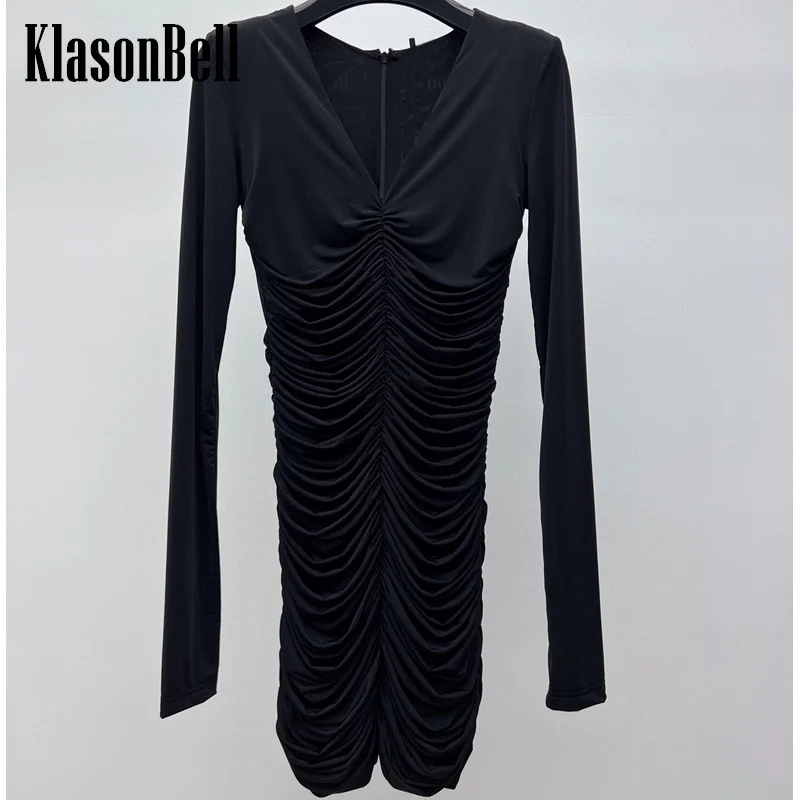 

2.29 KlasonBell Temperament Shoulder-Pads Ruched Slim Long Sleeve V-Neck Short Dress For Women Clothes