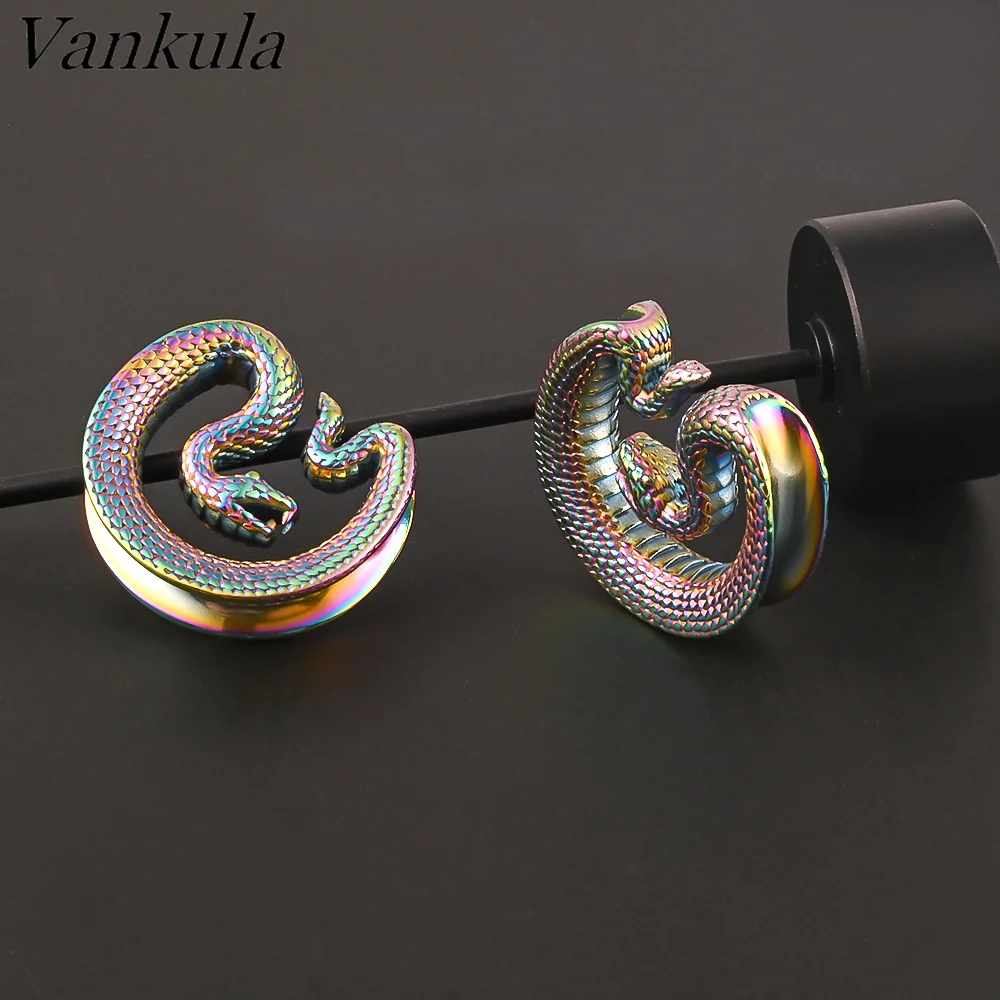 Vankula Ecarteur Oreilles Plug Tunnel Selle Jauges Motif De Serpent En Acier Inoxydable étirement Extenseur Piercing 8mm à 19mm (8mm(0G), Noir