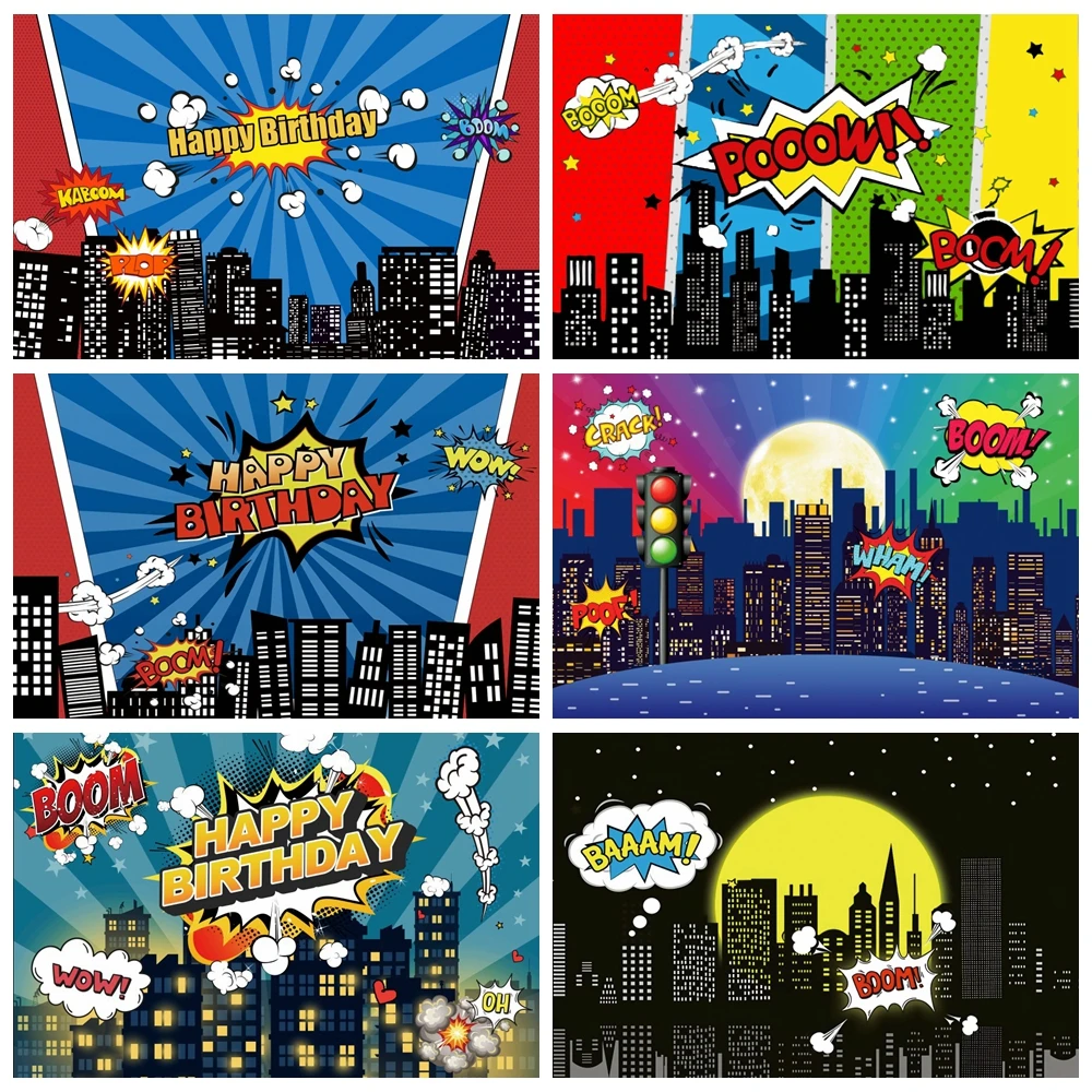

Superhero Birthday Backdrop City Building Super Hero Baby Shower Party Photography Background For Photo Studio Props