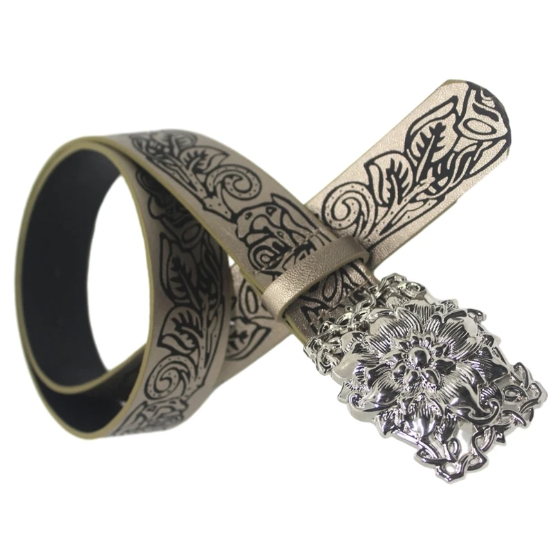 

PU Waist Belts with Embossed Pattern Wide Adjustable Flower Buckle Waist Belt Woman Jeans Dresses Skirt Coat Waistband