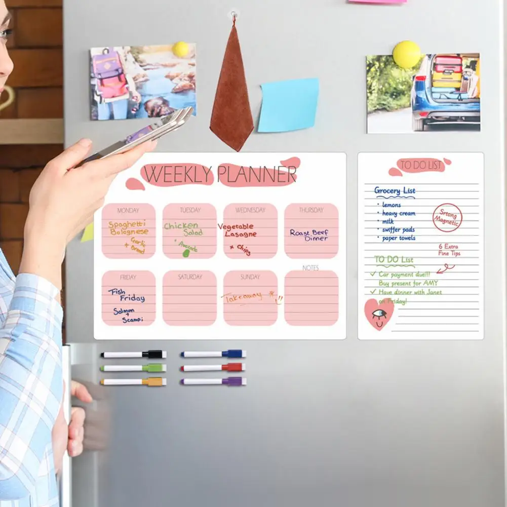Fridge Pvc Board Magnetic Weekly Planner Efficient Weekly Planning Scratch-proof Magnetic Fridge Calendar Kit with Pens Organize
