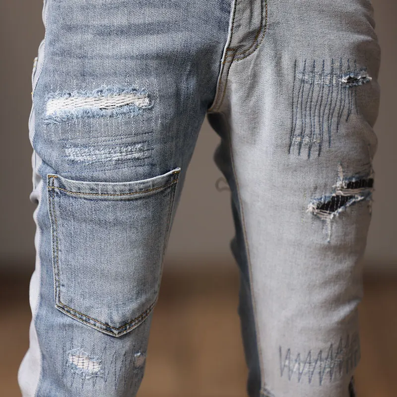 Street Fashion Men's Split Jeans Retro Light Blue Elastic Slim Fit Jeans Men's Panel Designer Hip Hop Jeans Bicycle Pants Hombre