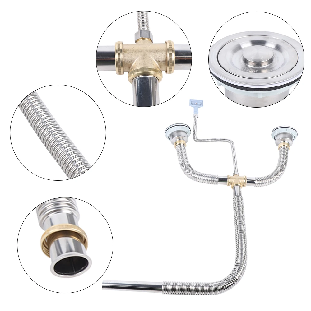 Silver Double Bowl Kitchen Sink Pipe Fitting Plumbing Drain Kit Replace Part Stainless Sink Pipe Plumbing Replacement