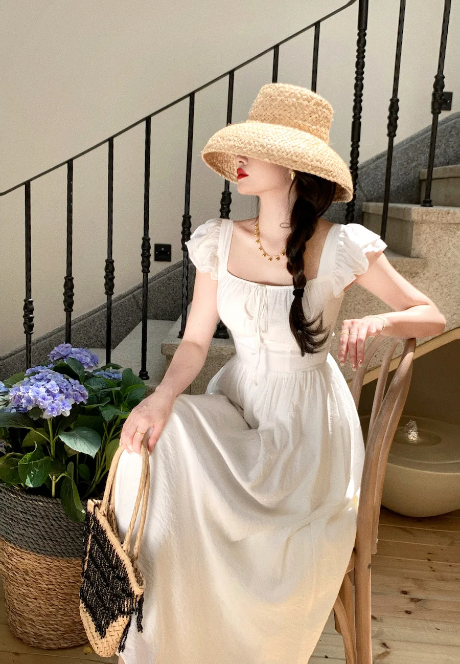 Elegant Vintage Midi Dresses for Women Summer New Square Collar High Waist Princess Party Dress Casual A-line Vestido Mujer