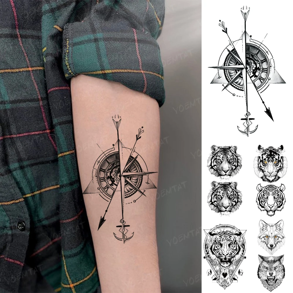 

Waterproof Temporary Tattoo Sticker Clock Compass Ship Anchor Tiger Wolf Cool Flash Tatto Men Arm Body Art Fake Tatoo Women Kids