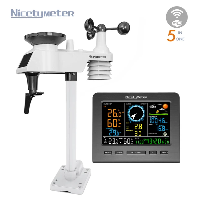 NicetyMeter station météo radio avec capteur extérieur 5-en-1 écran 5,1  pouces, capteur extérieur pour température, humidité, pression  atmosphérique, vitesse et direction du vent et pluviomètre - AliExpress