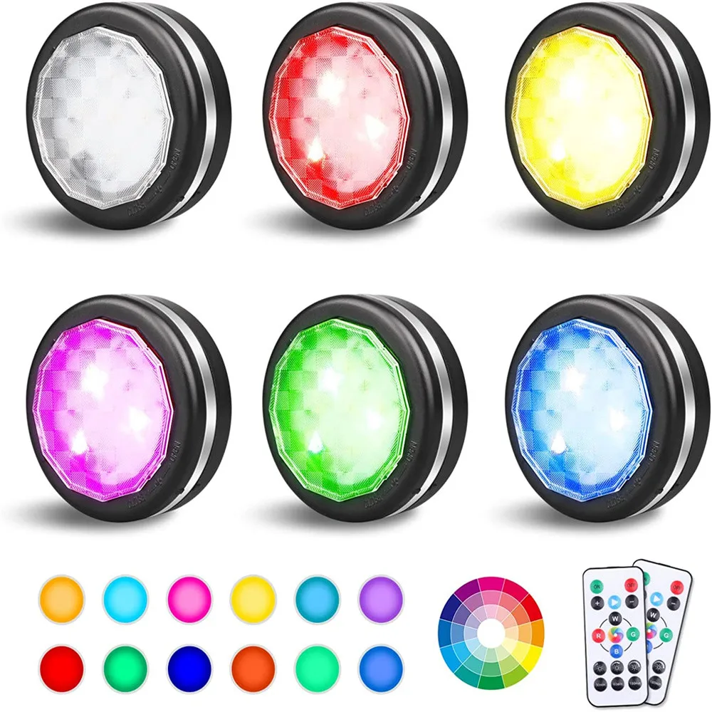 

LED RGB Puck Lights 16 Color Closet Round Night Light Remote Control Cabinet Light Battery Operated Counter Shelf Kitchen Light