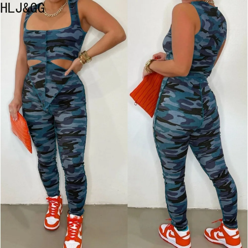 

HLJ&GG Fashion Irregular Camouflage Print Hollow Two Piece Sets Women Strap Sleeveless Tank Top+Jogger Pants Outfits Tracksuits