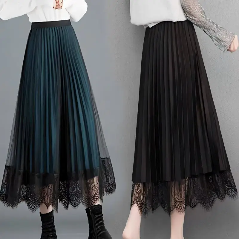 

Female in the fall and winter of two sides wear skirts 】 the new big yards show mesh gauze skirt of tall waist bud pleated
