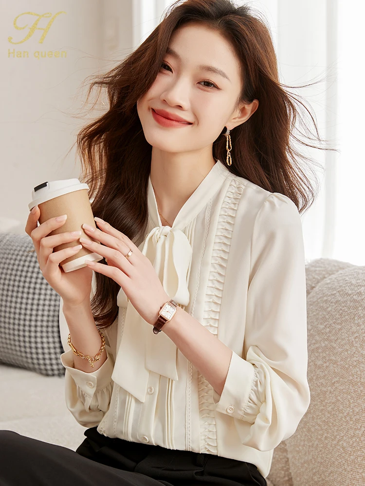 H Han Queen Chiffon Blouse Lace-Up Bow Autumn Winter Blouses