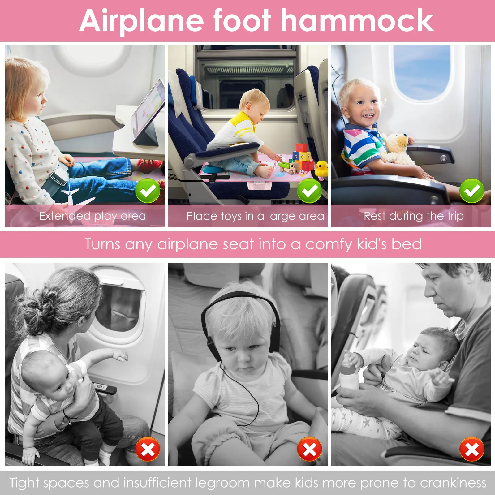 Cama de avión de viaje para niños, extensor de asiento de avión de bebé portátil con bolsa de almacenamiento, extensor de coche, reposapiés para niños, dibujos animados