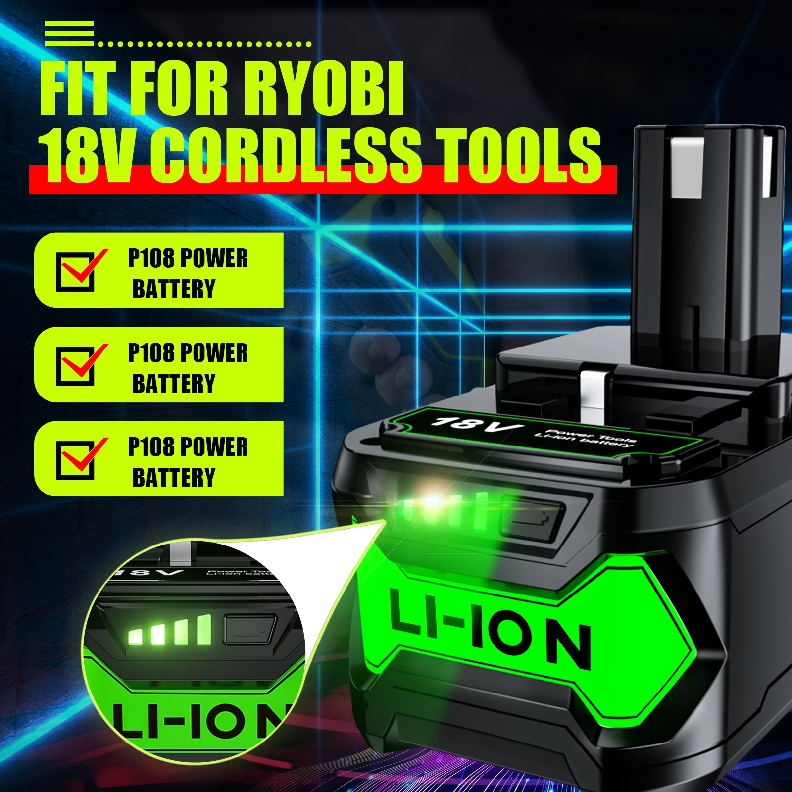 9000mah/6000mah Li-ion Rechargeable Battery for Ryobi ONE+ P108
