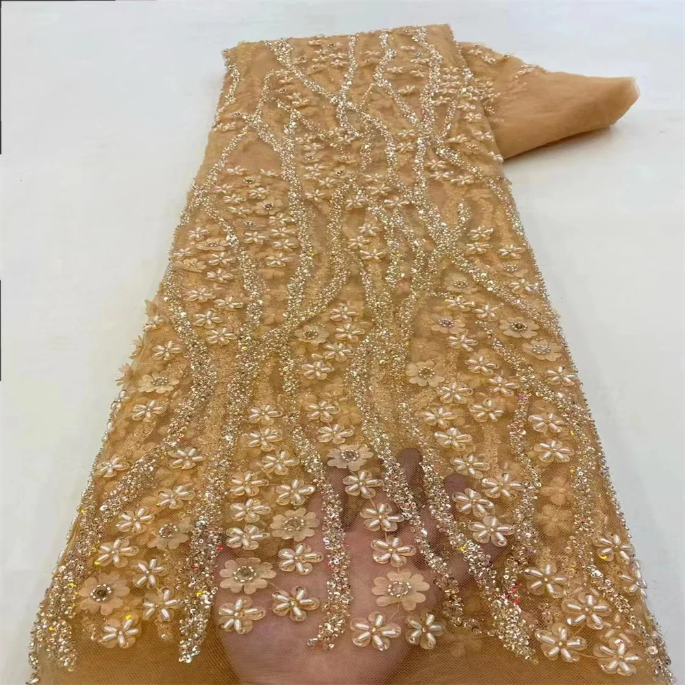 

High Quality Gold African Mesh Lace Fabric 2023 French Net Sequins Beads Lace Sewing Embroidered Lace Tulle Nigerian Lace XZ4052