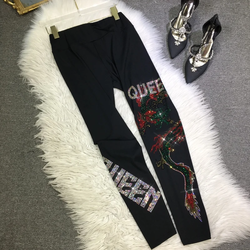 

Luxury Chinese Dragon Hot Drilling Tight Pants New Summer Women Leggings Shiny Diamonds Ankle-length Thin Sports Yoga Legging