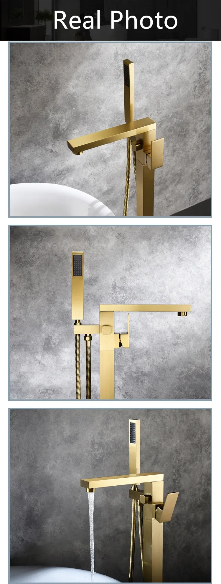Description Picture 3 of itemBathroom Bathtub Faucet + Handheld Shower Free Standing Brushed Gold Luxury BathTub Mixer Taps Floor Mounted