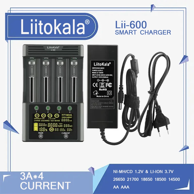 LiitoKala Battery Charger Lii-600 Lii-700 LCD For 3.7V 1.2V 26650 21700 26700 A
