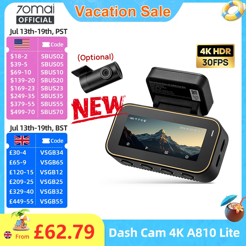 New 70mai Dash Cam 4K A810 Lite HDR Supercapacitor 4G Compatible Voice Control Wi-Fi 6 GPS Car DVR 70mai A810 Lite